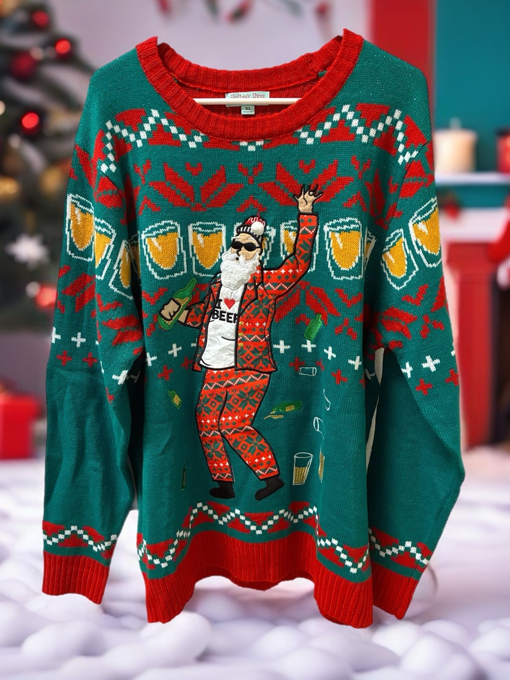 Holiday Hype Men's Green & Red Holiday 'I Love Beer' Santa Ugly Sweater XL